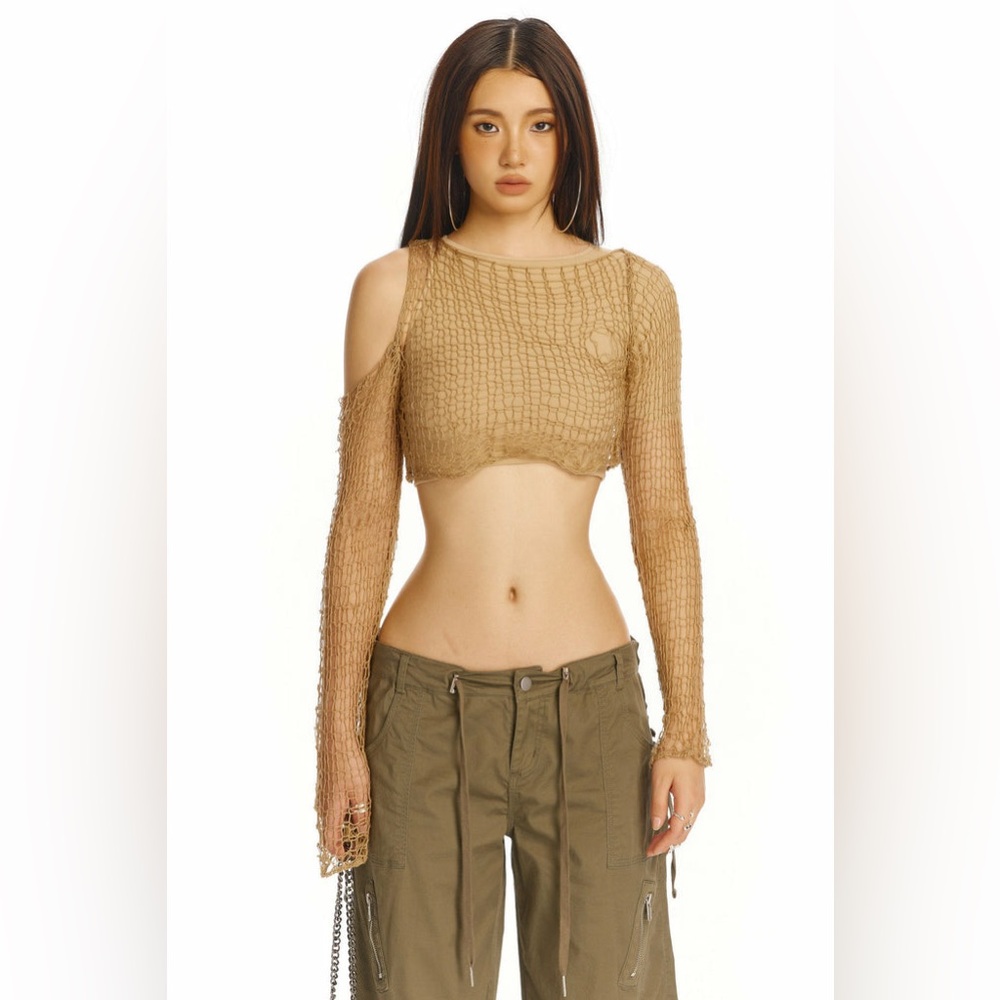 The Kript Harlow 2 Piece Set Tan Beige Khaki Knitted Stretchy Crop Top